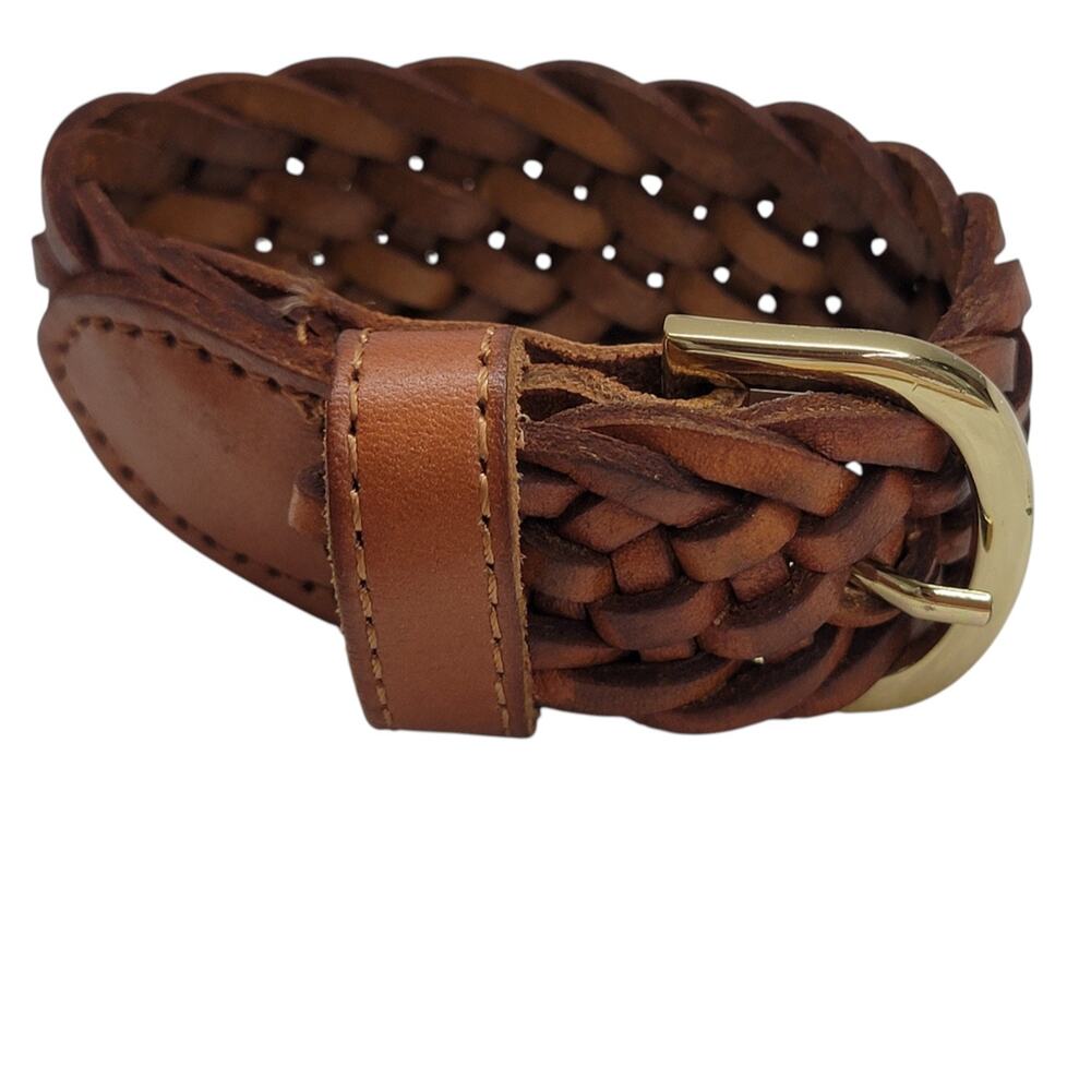 Vintage Brown Braided Leather Bracelet Gold Buckle Cuff Wristband Woven